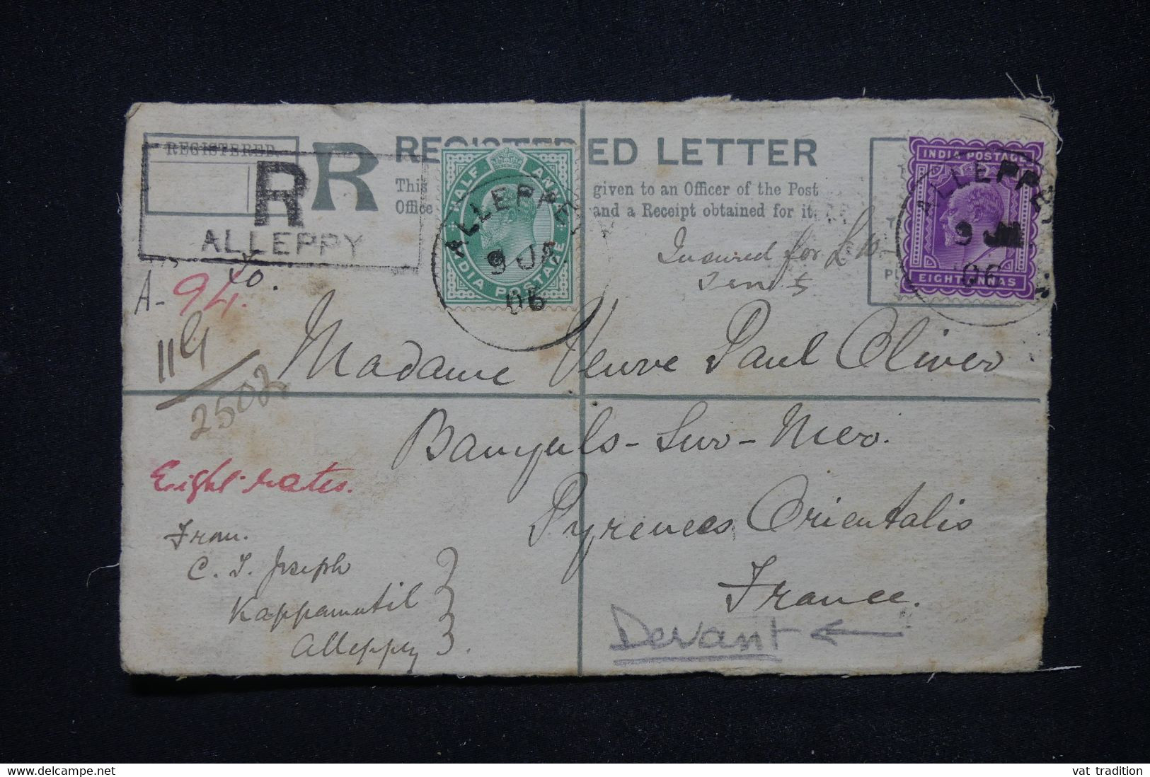 INDES ANGLAISES - Devant D'enveloppe En Recommandé De Alleppey Pour La France En 1906 - L 119352 - 1902-11  Edward VII