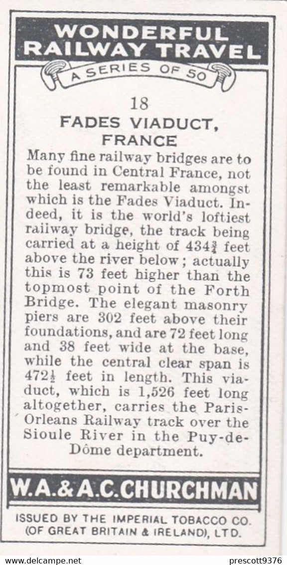 Wonderful Railway Travel, 1937 - 18 Fades Viaduct, France  - Churchman Cigarette Card - Trains - Churchman