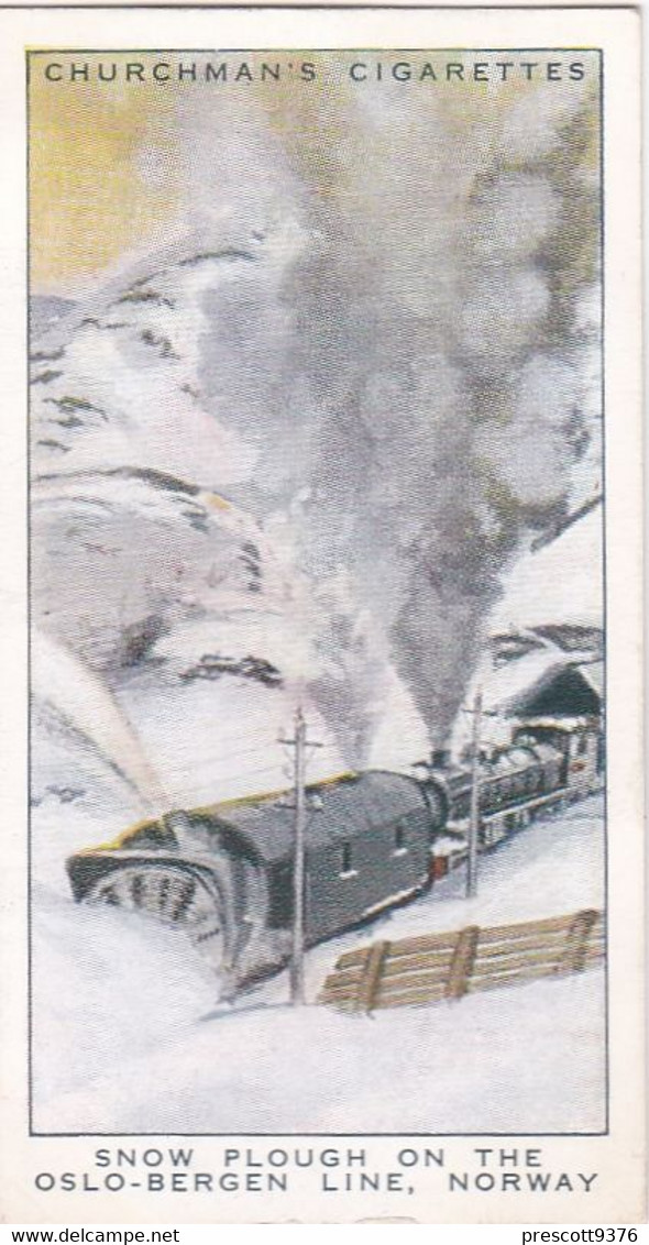 Wonderful Railway Travel, 1937 - 26 Snow Plough Oslo Bergen Railway, Norway - Churchman Cigarette Card - Trains - Churchman