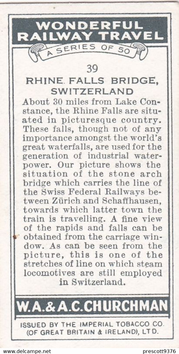 Wonderful Railway Travel, 1937 - 39 Rhine Falls Bridge Switzerland  - Churchman Cigarette Card - Trains - Churchman