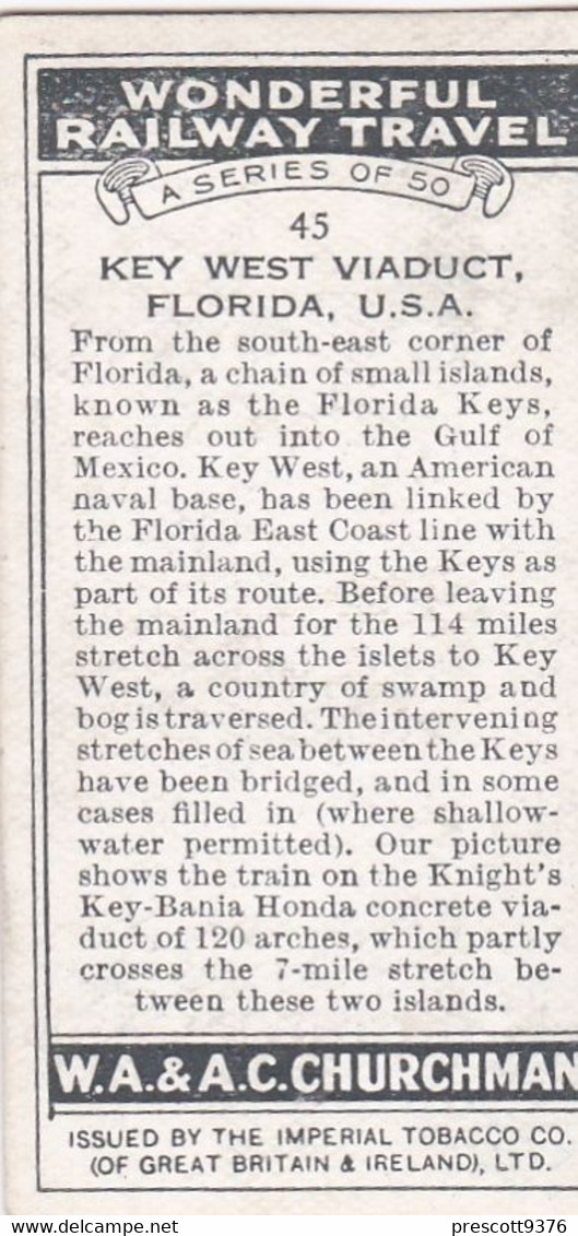 Wonderful Railway Travel, 1937 - 45 Key West Viaduct, Florida, USA - Churchman Cigarette Card - Trains - Churchman