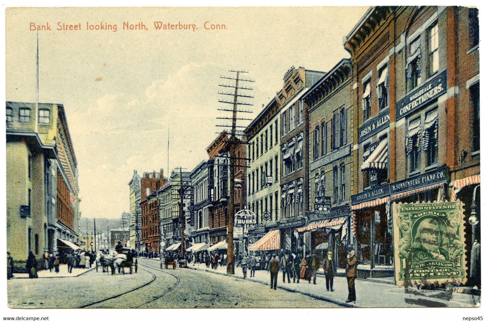États-Unis.Amérique.Waterburry.Connecticut.Bank Street Looking North.Rue De La Banque Direction Nord.oblitération 1907. - Waterbury