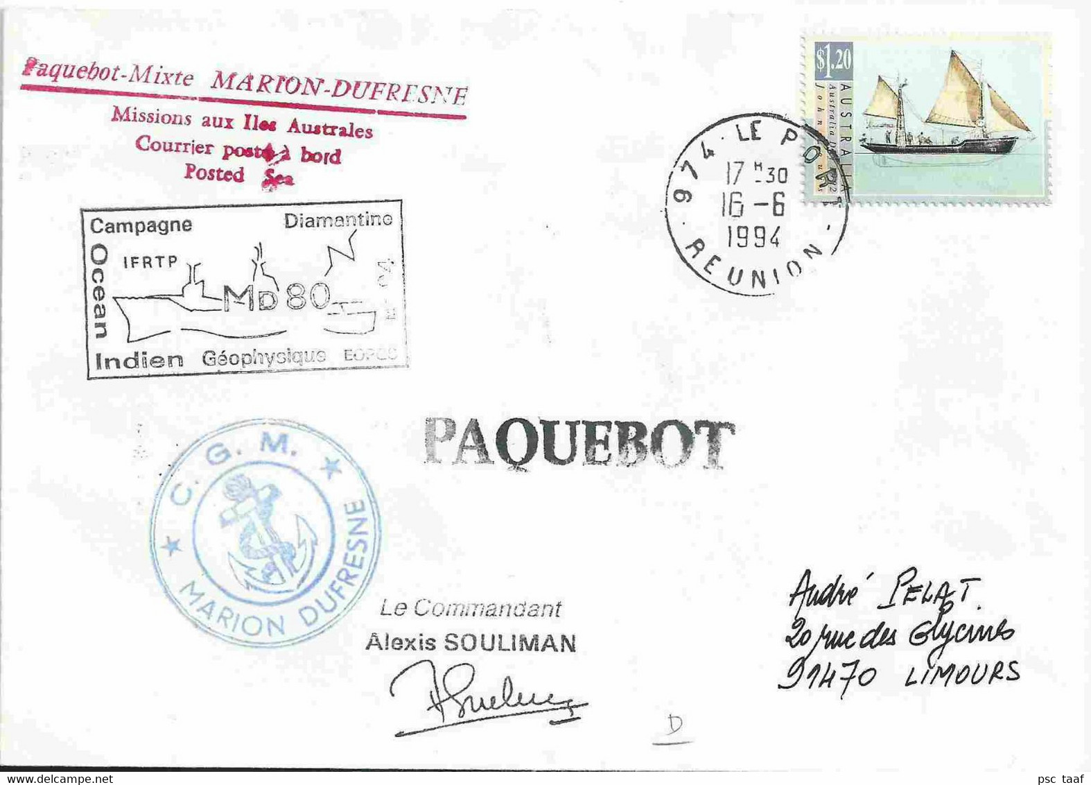 YT 1235 Bateau John Louis - Voilier - Posté à Bord Du MD - Paquebot - Le Port - La Réunion - 16/06/1994 - Cartas & Documentos