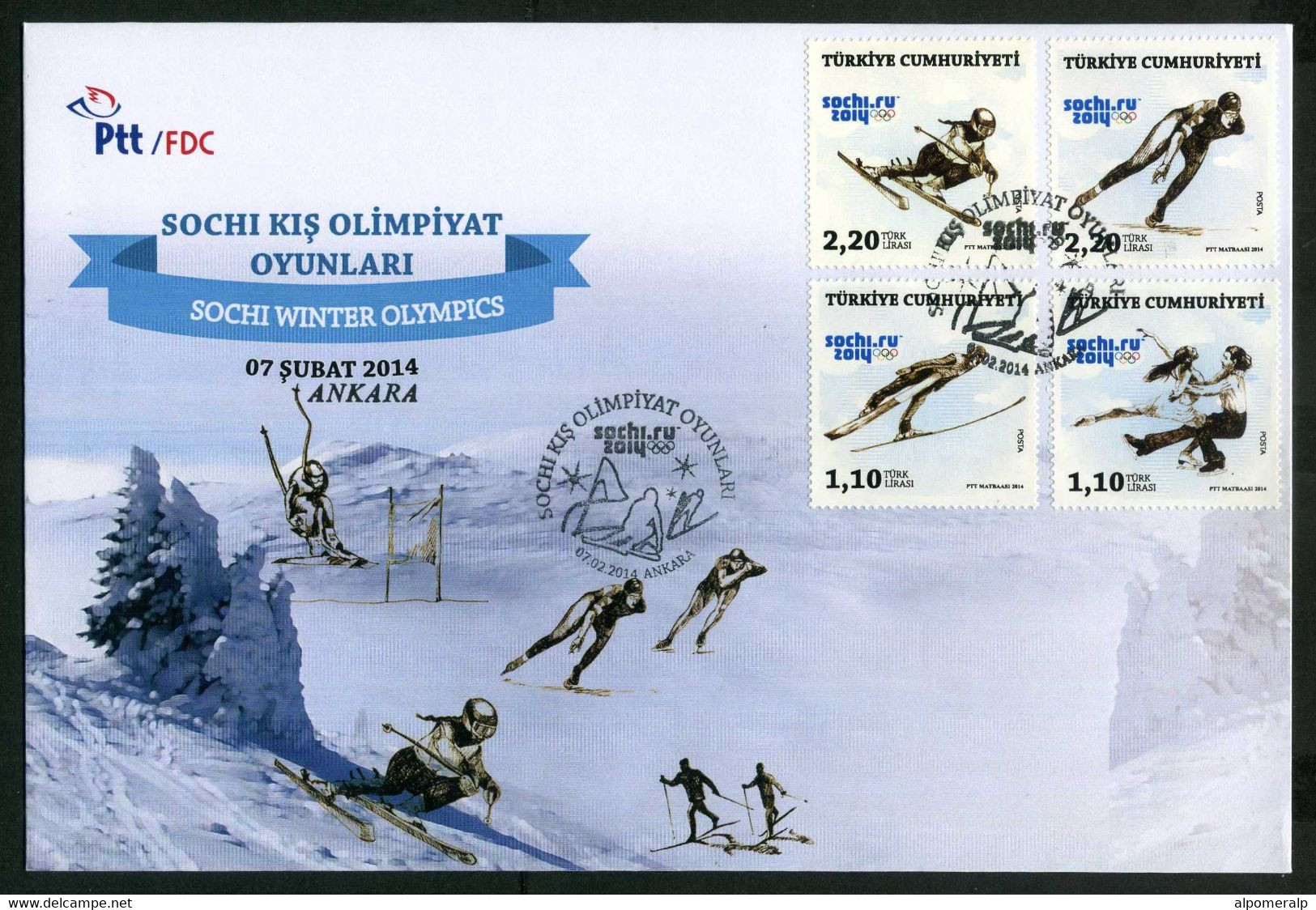 Türkiye 2014 Sochi Winter Olympics, Skiing, Ski-jump, Figure-skate, Slalom, Speed Skating Mi 4089-4092 FDC - Winter 2014: Sochi