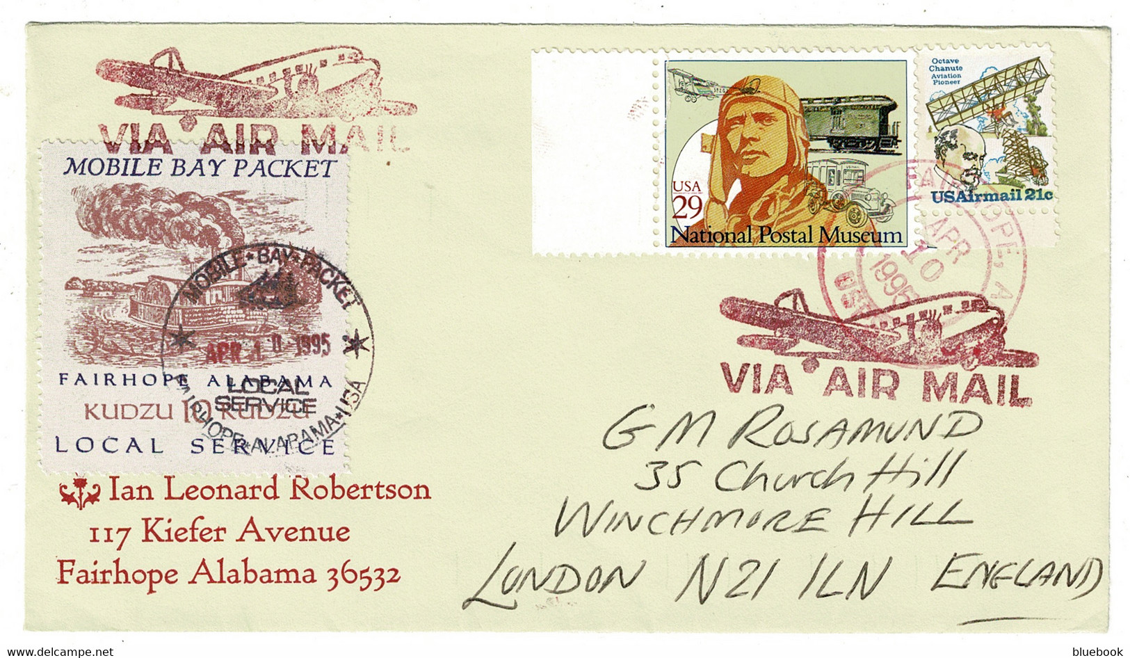 Ref 1543 - 1955 Airmail Cover - Fairhope Alabama USA To UK - Mobile Bay Packet Local Label - Kudzu Local Service - Lettres & Documents