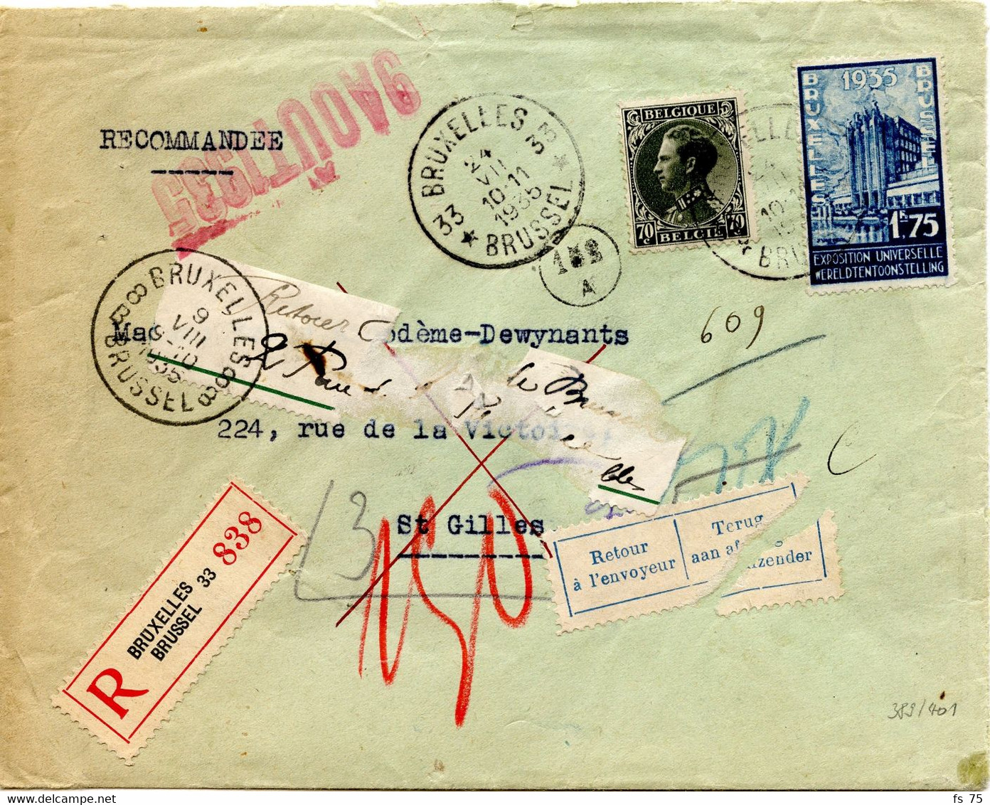 BELGIQUE - N°389+401 OBLITERES TAD D'AGENCE BRUXELLES 33 SUR LETTRE RECOMMANDEE, 1935 - Brieven En Documenten