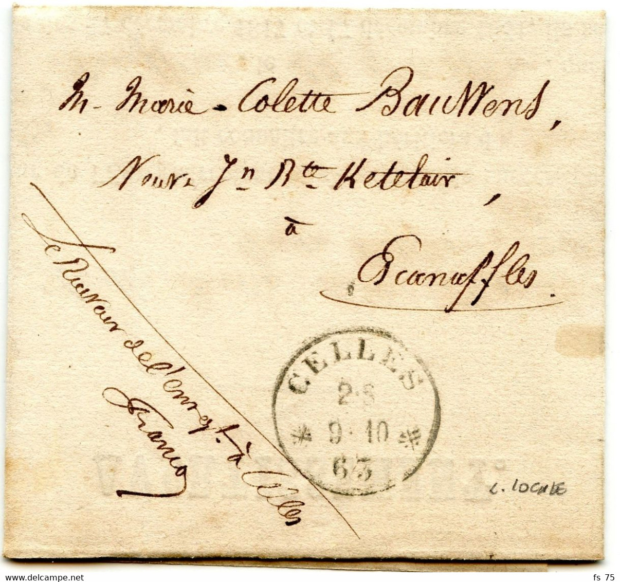 BELGIQUE - TAD SIMPLE CERCLE CELLES SUR LETTRE LOCALE EN FRANCHISE, 1863 - Zonder Portkosten