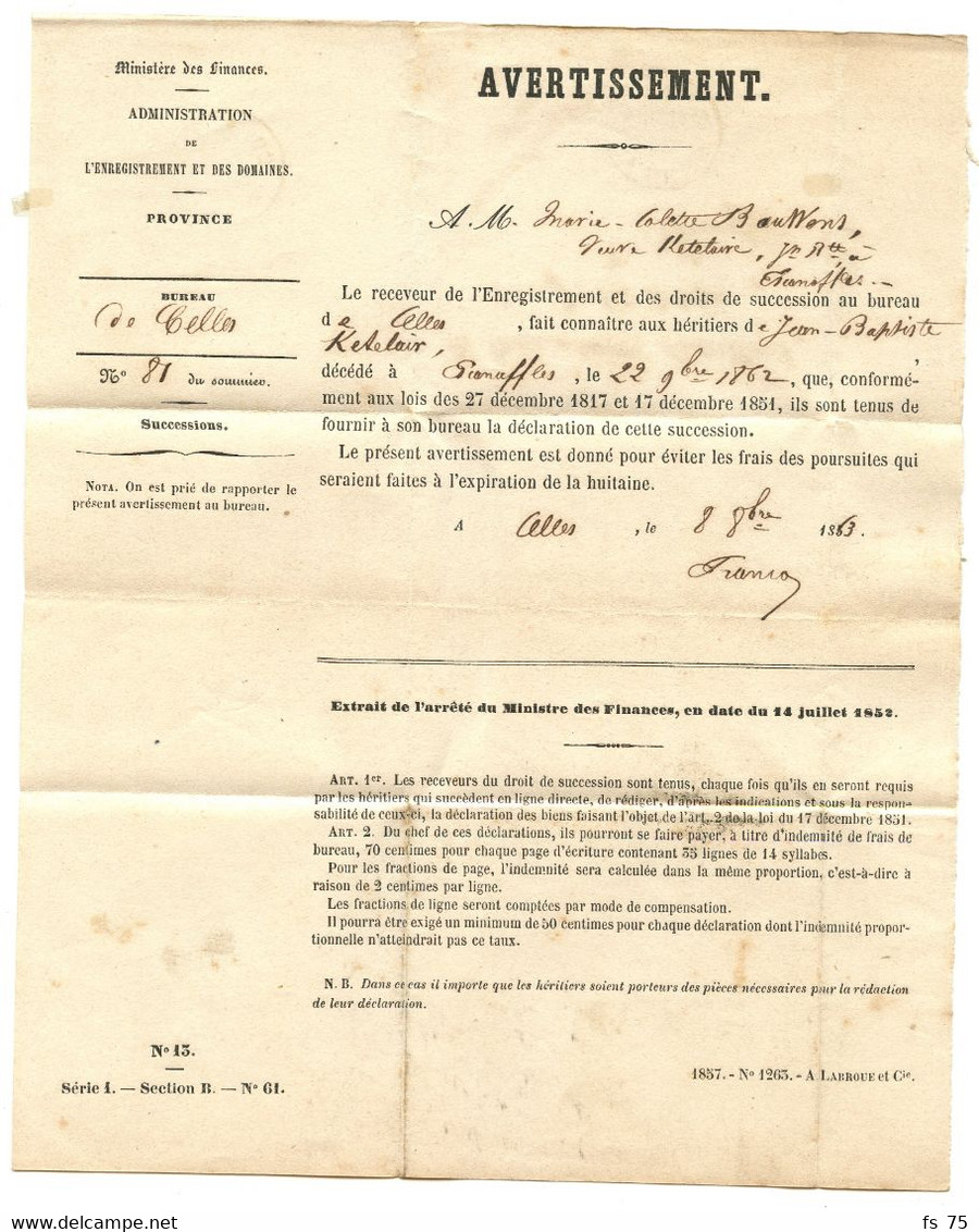 BELGIQUE - TAD SIMPLE CERCLE CELLES SUR LETTRE LOCALE EN FRANCHISE, 1863 - Zonder Portkosten