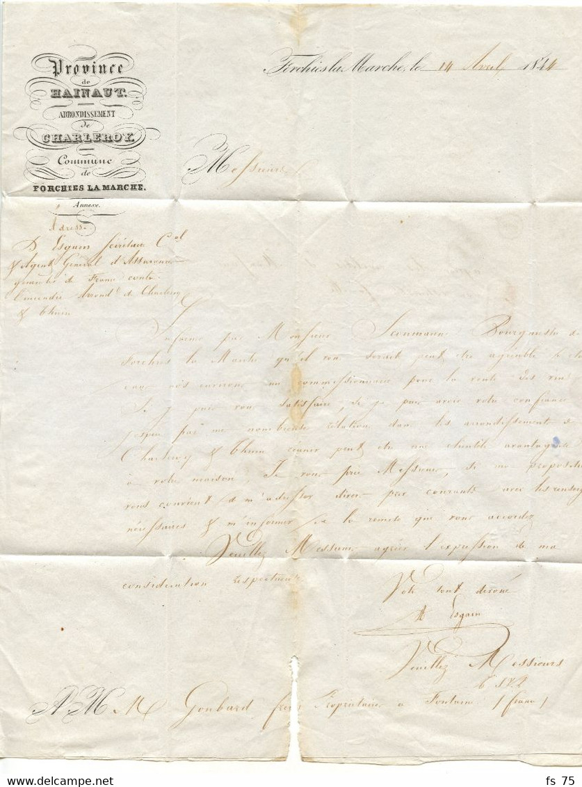 BELGIQUE - T18 FONTAINE L'EVEQUE + BOITE T SUR LETTRE AVEC CORRESPONDANCE DE FORCHIES LA MARCHE, 1844 - Poste Rurale