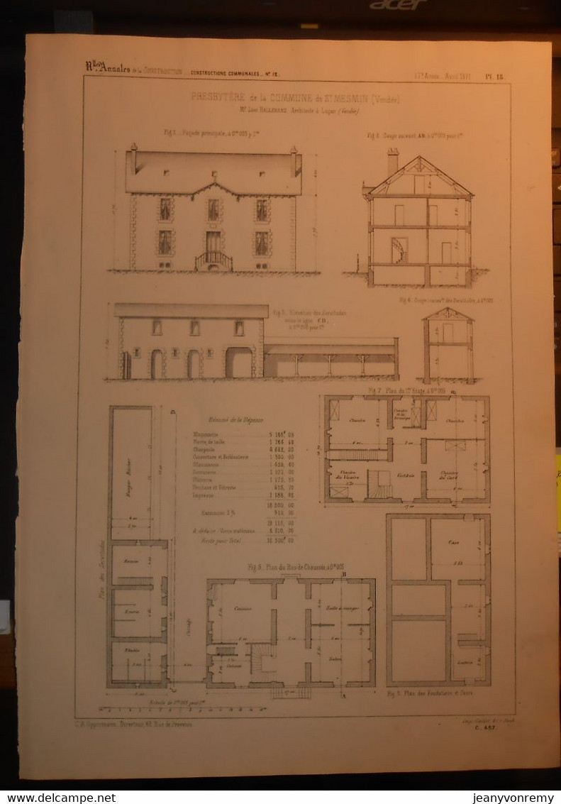 Plan Du Presbytère De La Commune De Saint Mesmin En Vendée.1871. - Other Plans