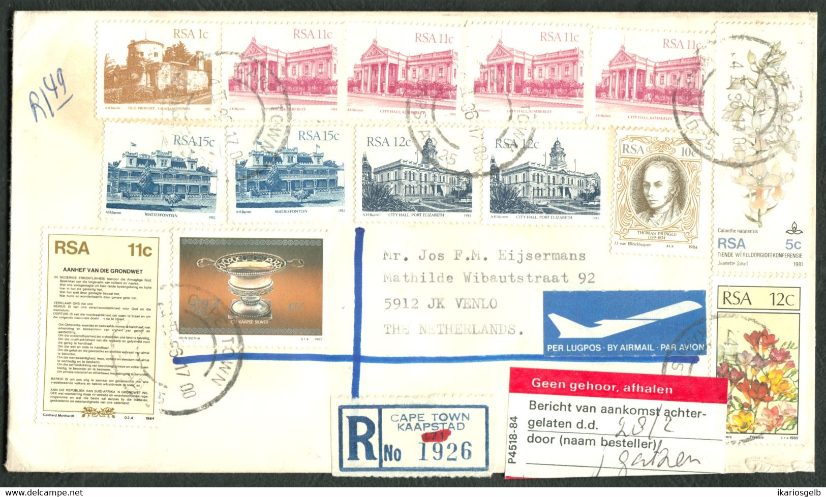 South Africa RSA 1986 Brief 14x Marken-frankiert + Airmail + Registered + Non Reclame Label O CapeTown > Venlo Nederland - Luftpost