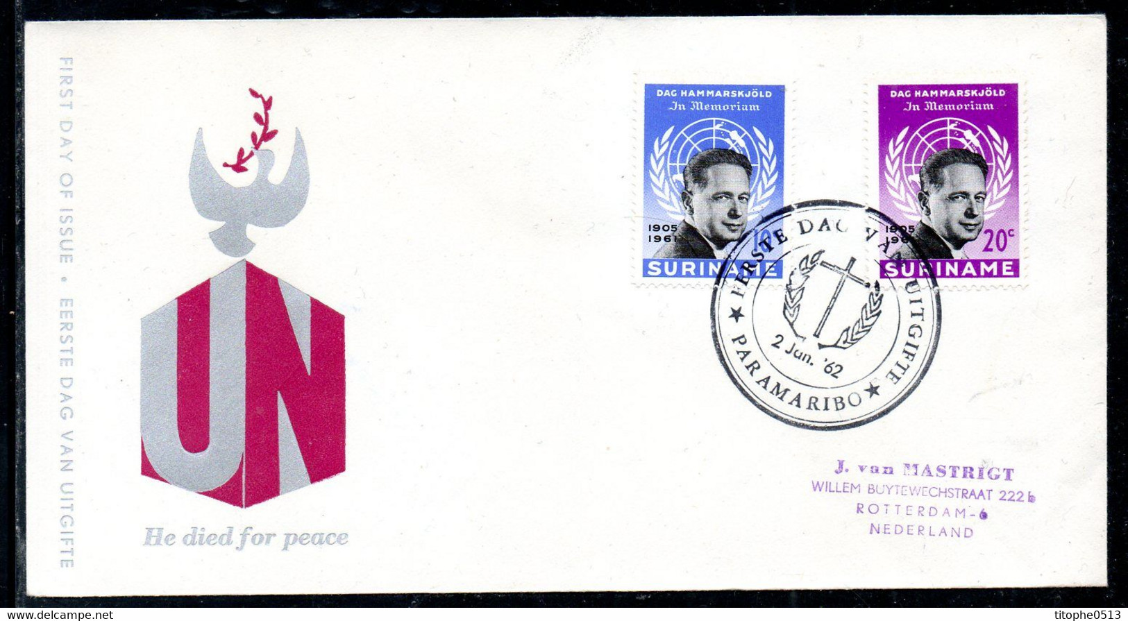 SURINAM. N°363-4 Sur Enveloppe 1er Jour (FDC) De 1962. Dag Hammarskjöld. - Dag Hammarskjöld