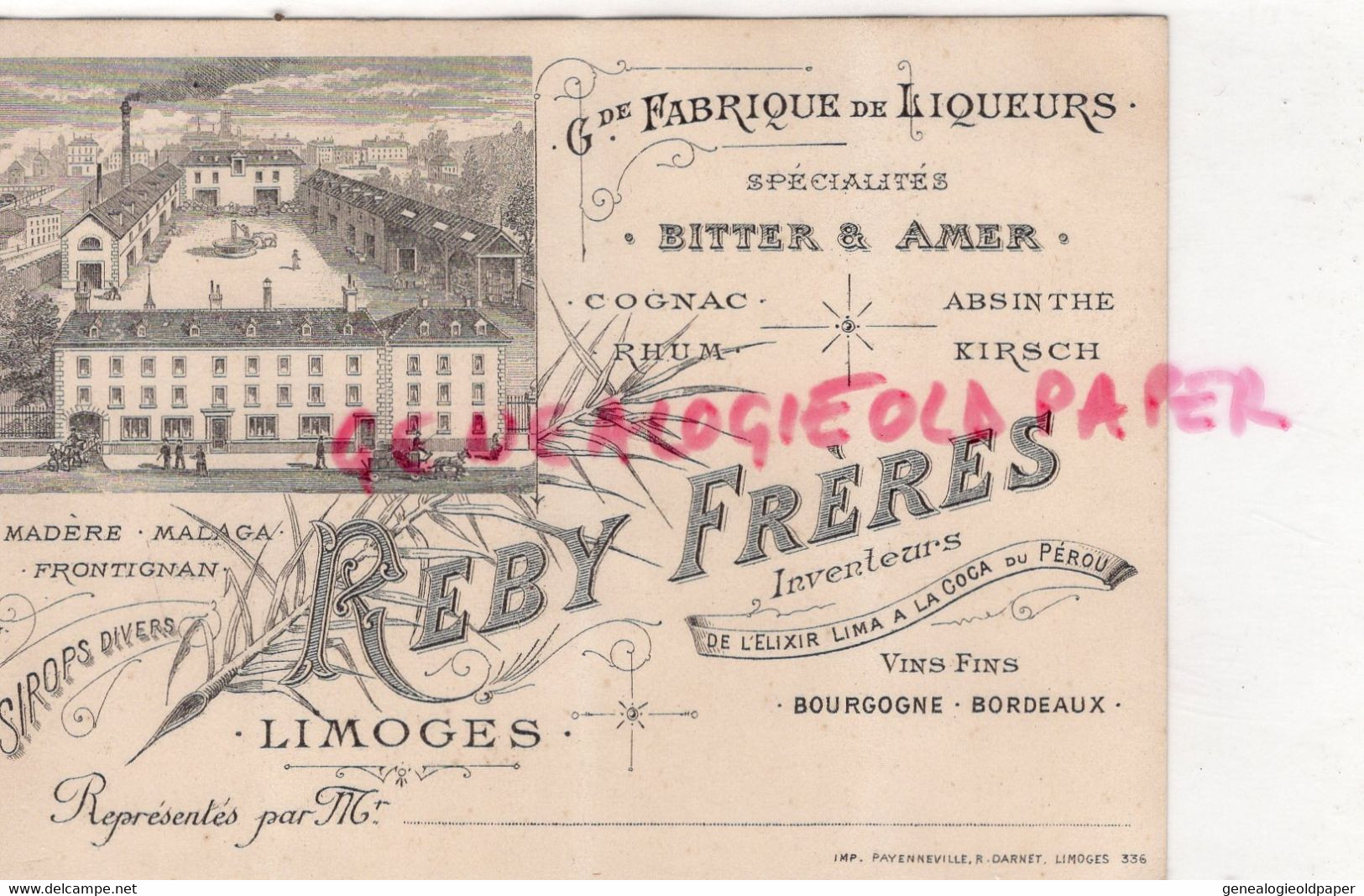 87-  LIMOGES- RARE CARTE PUBLICITE REBY FRERES -ELIXIR LIMA COCA PEROU-DISTILLERIE-MALAGA-FRONTIGNAN-BOUTARD-ABSINTHE - Old Professions