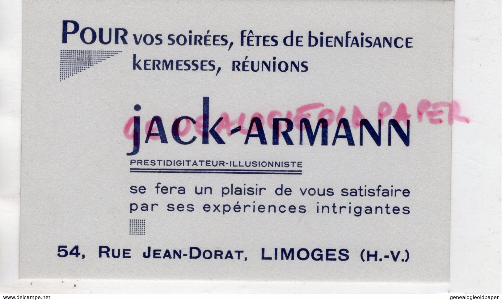 87-  LIMOGES- RARE CARTE JACK ARMANN- PRESTIDIGITATEUR ILLUSIONNISTE-54 RUE JEAN DORAT -PRESTIDIGITATION MAGIE MAGICIEN - Ambachten