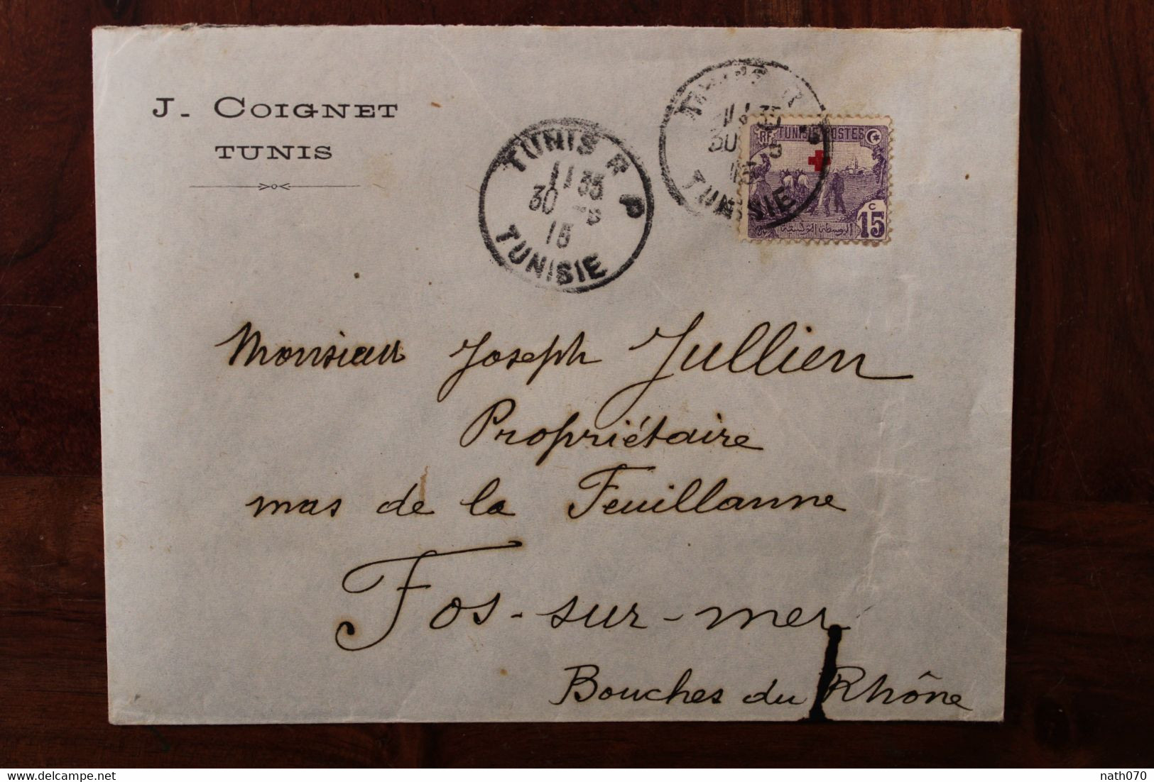 Tunisie 1915 Fos Sur Mer Surcharge Croix Rouge France Cover Colonie Ww1 Wk1 Timbre Seul - Lettres & Documents