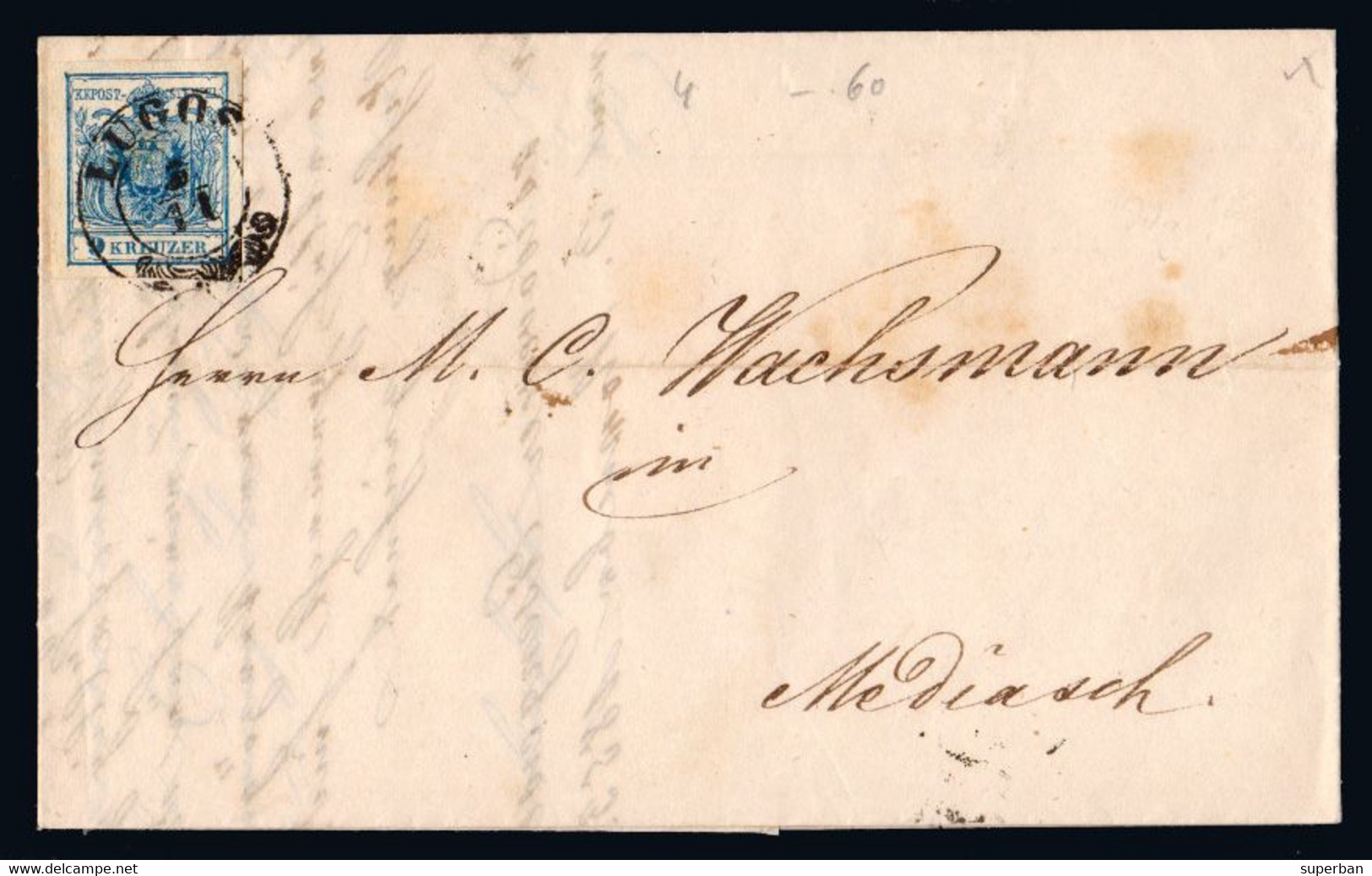 AUSTRIA : BRIEF / LETTER : LUGOS / LUGOJ - MEDIASCH / MEDIAS Via HERMANNSTADT / SIBIU - 1853 - 9 KREUZER (aj450) - Briefe U. Dokumente