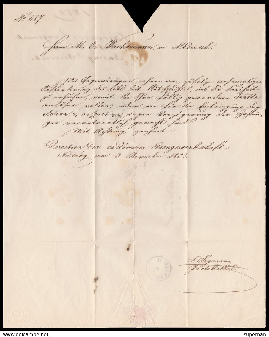 AUSTRIA : BRIEF / LETTER : LUGOS / LUGOJ - MEDIASCH / MEDIAS Via HERMANNSTADT / SIBIU - 1853 - 9 KREUZER (aj450) - Briefe U. Dokumente