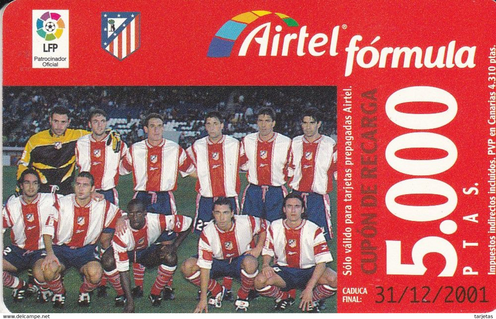 ACR-080 TARJETA DE AIRTEL DEL EQUIPO DE FUTBOL ATLETICO DE MADRID 5000 PTAS (FOOTBALL) - Airtel