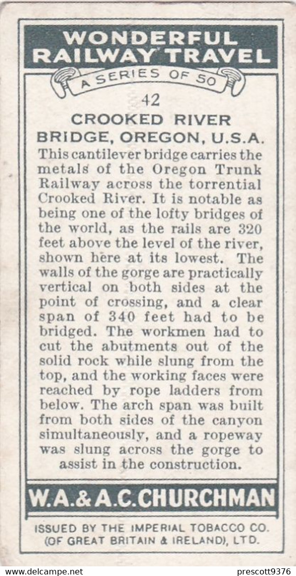 Wonderful Railway Travel, 1937 - 442 Crooked River Bridge, Oregon, USA - Churchman Cigarette Card - Trains - Churchman