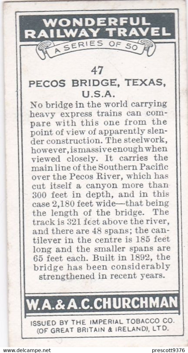 Wonderful Railway Travel, 1937 - 47 Pecos Bridge, Texas - Churchman Cigarette Card - Trains - Churchman