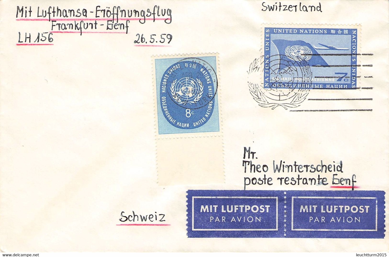 UNITED NATIONS - FIRST FLIGHT LH156 FRANKFURT - GENF 26.5.1959 / ZL81 - Posta Aerea