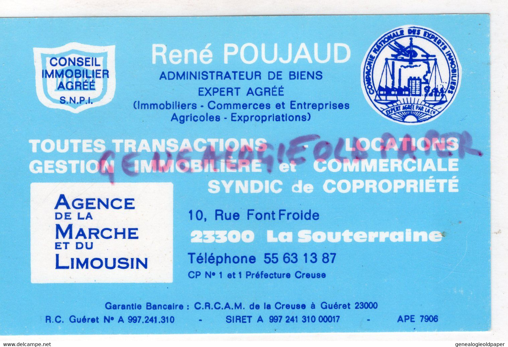 23-LA SOUTERRAINE- RARE CARTE RENE POUJAUD ADMINISTRATEUR DE BIENS-IMMOBILIER COMMERCES- 10 RUE FONTFROIDE - Ambachten