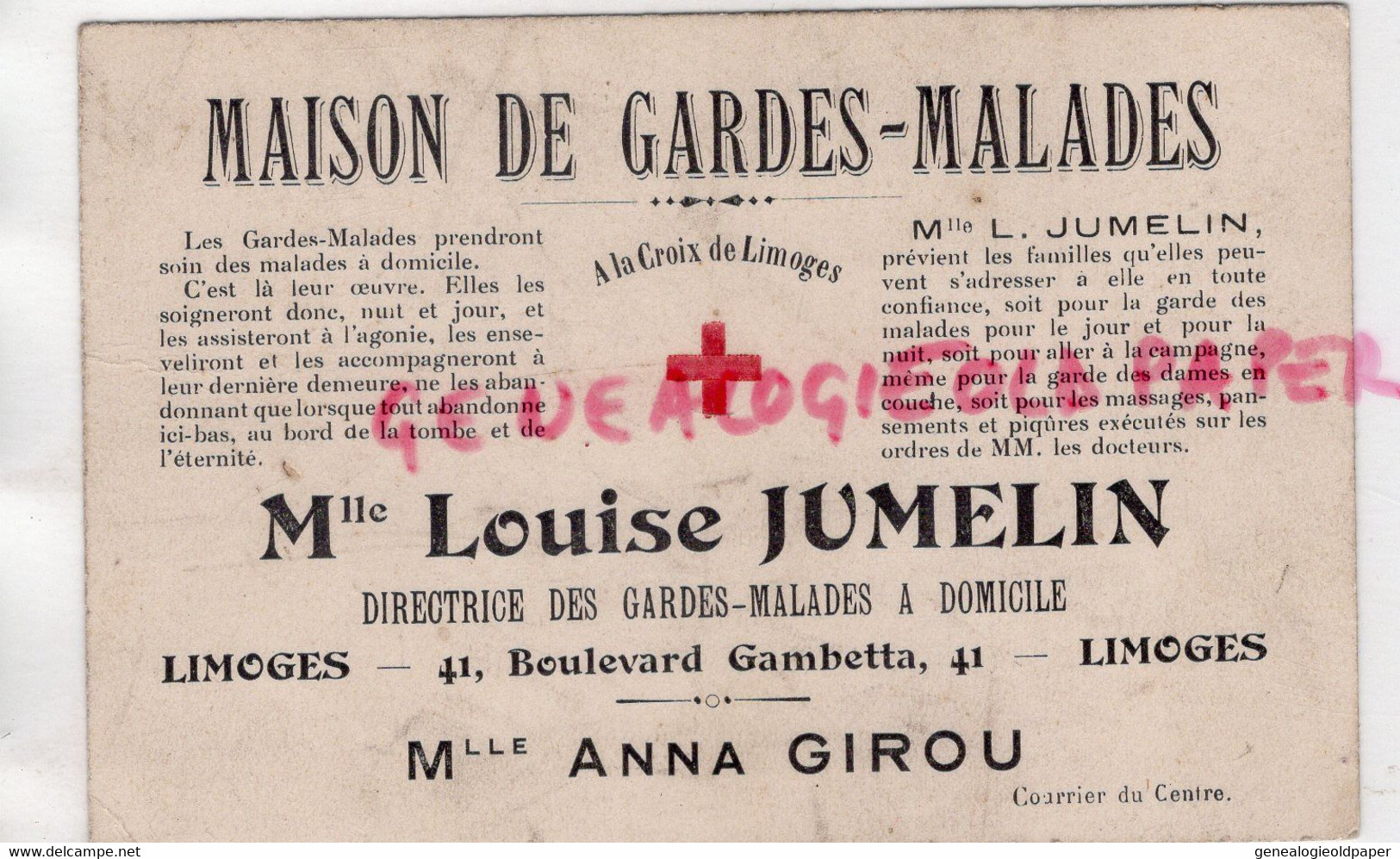 87- LIMOGES- CARTE MLLE LOUISE JUMELIN-CROIX ROUGE- DIRECTRICE MAISON DE GARDES MALADES-ANNA GIROU-41 BD GAMBETTA - Petits Métiers