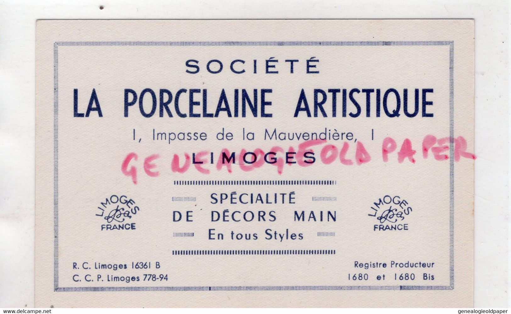 87- LIMOGES- CARTE LA PORCELAINE ARTISTIQUE 1 IMPASSE DE LA MAUVENDIERE - PORCELAINES - Artesanos