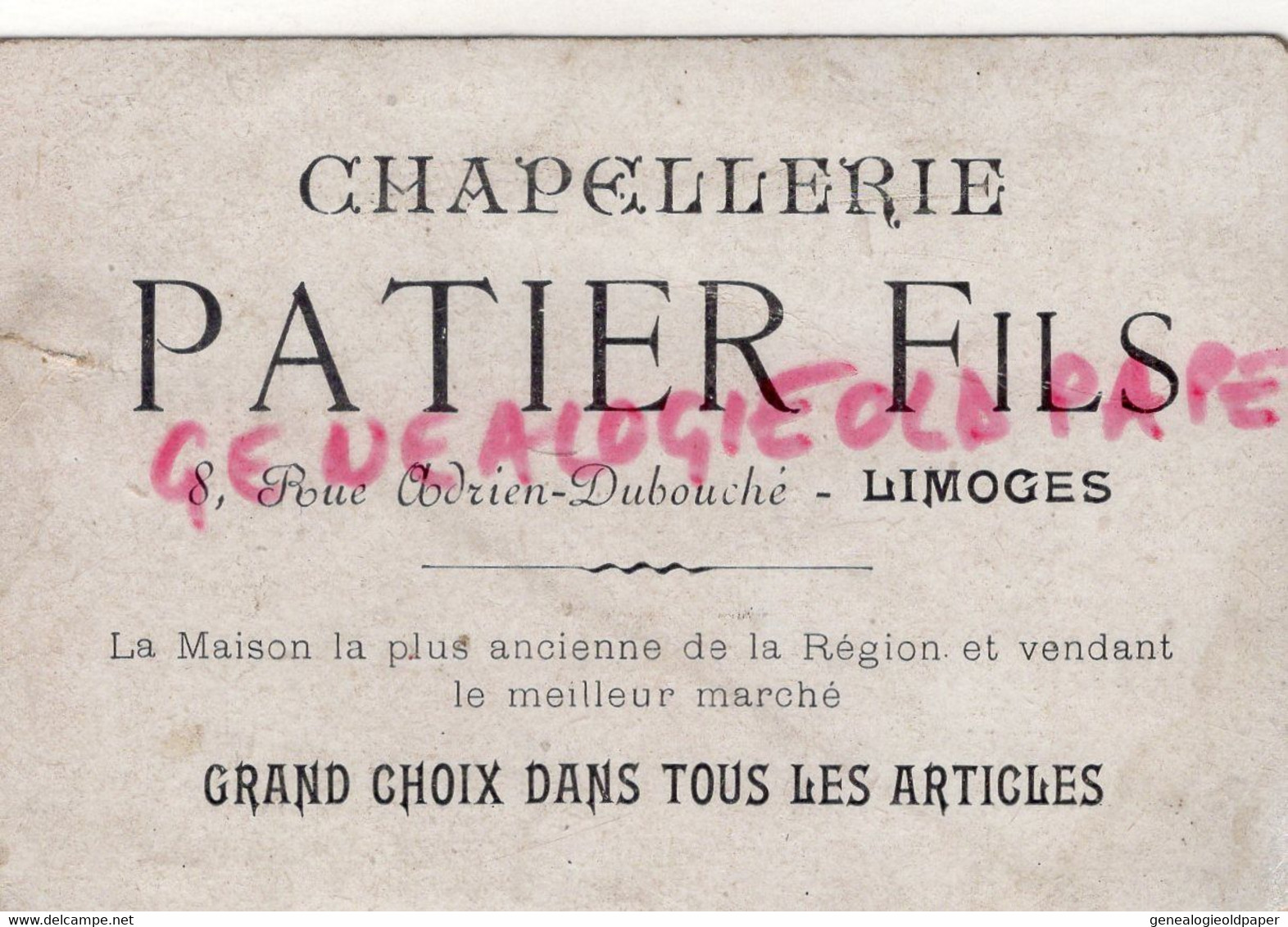 87- LIMOGES- CHROMO MAGASIN CHAPELLERIE PATIER FILS-8 RUE ADRIEN DUBOUCHE-CHAPEAU CHAPEAUX- MISTRAL - Autres & Non Classés