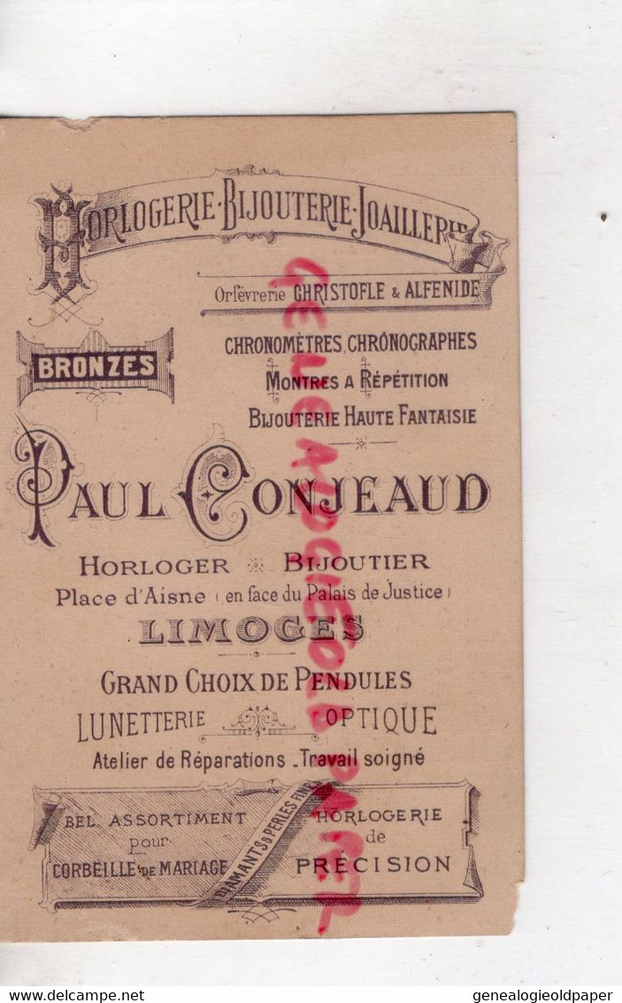 87- LIMOGES- CARTE PAUL CONJEAUD-HORLOGER HORLOGERIE-BIJOUTIER BIJOUTERIE-CHRISTOFLE ALFENDE-PLACE D' AISNE  AINE - Ambachten