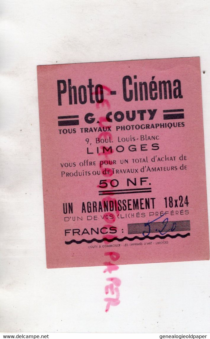 87- LIMOGES- PUBLICITE PHOTO CINEMA G. COURY-PHOTOGRAPHE 9 BOULEVARD LOUIS BLANC- IMPRIMERIE COUTY COMBROUZE - Werbung