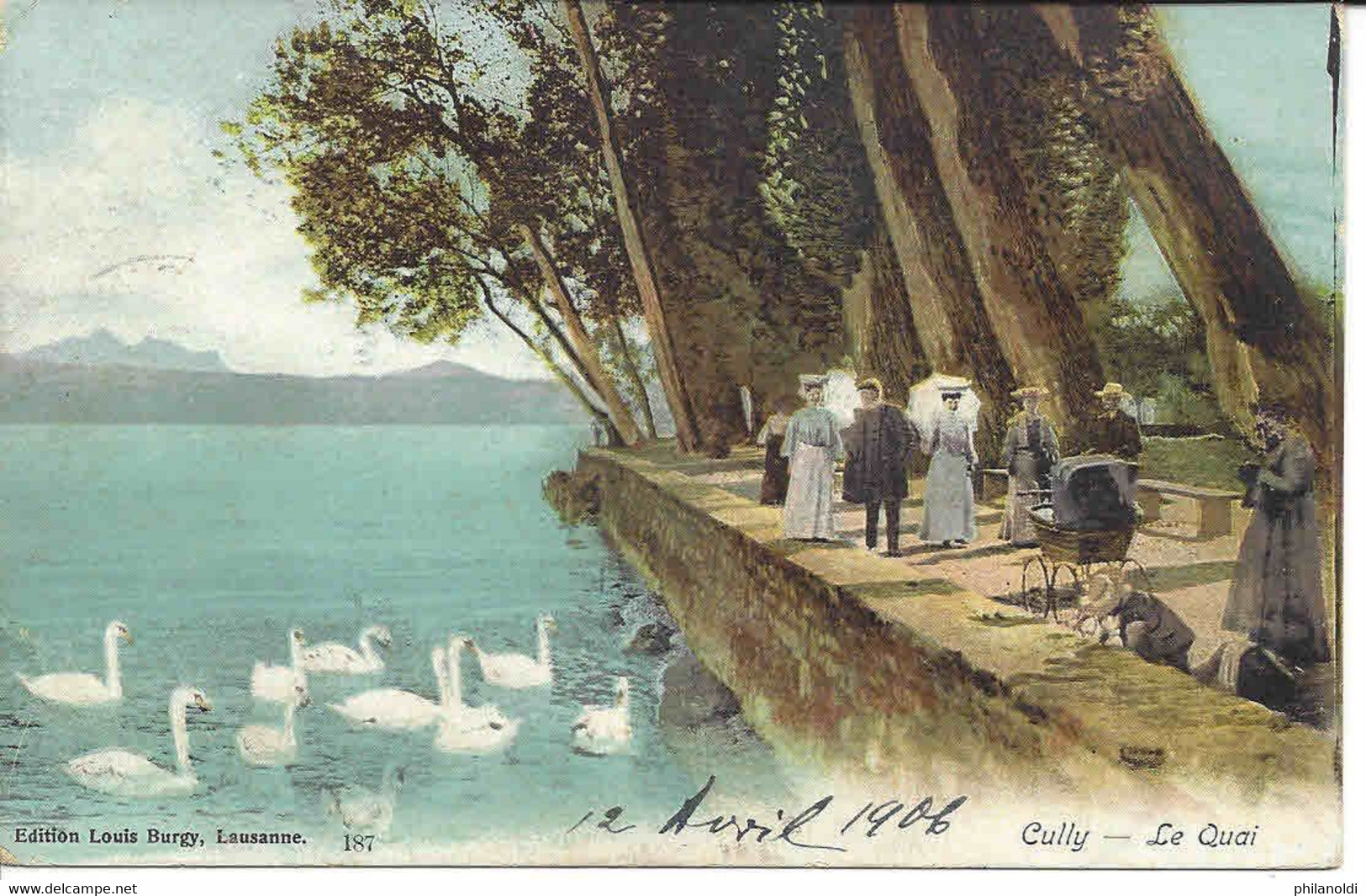 Cully - Le Quai. Animée. Femmes, Hommes, Landau Avec Bébé. Lac, Cygnes Blancs. Cachet Linéaire CULLY + Ambulant 1906 - Cully