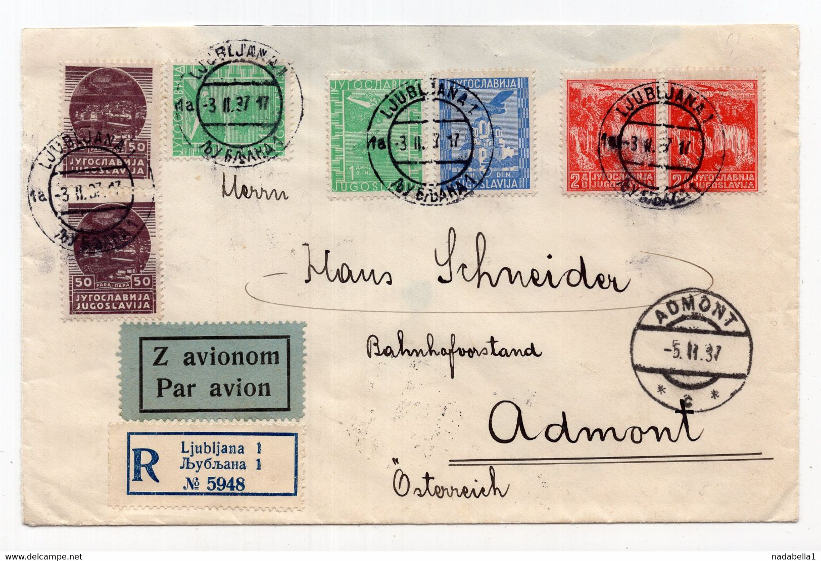 1937. KINGDOM OF YUGOSLAVIA,SLOVENIA,LJUBLJANA,AIRMAIL,RECORDED COVER TO AUSTRIA,POSTER STAMP: SAMPLE FAIR,LJUBLJANA - Airmail