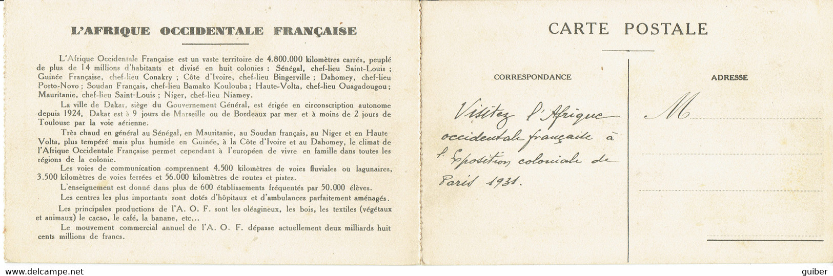 Afrique Occidentale Francaise Expositioon Coloniale De Paris 1931 Conakry Trytique De Carte - Guinée Française