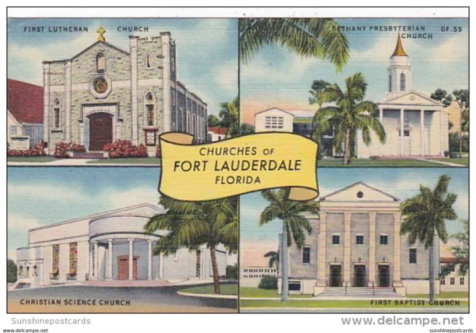 Florida Fort Lauderdale First Lutheran Bethany Presbyterian Christian Science &amp; First Baptist Church 1952 Curteich - Fort Lauderdale