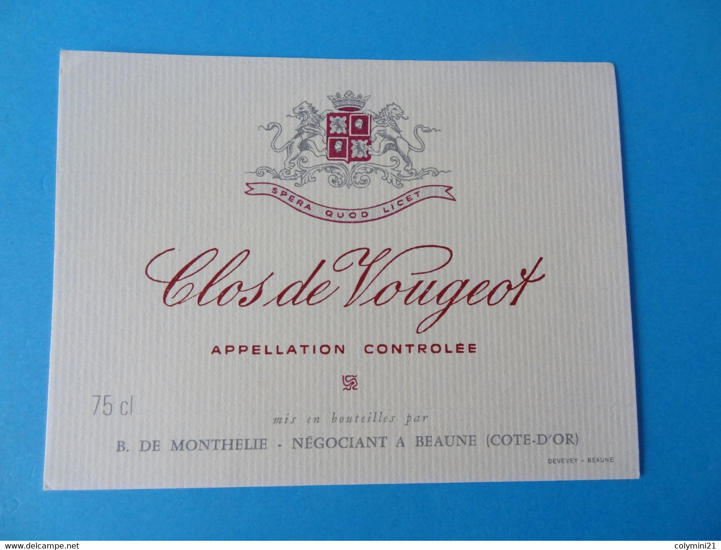 Etiquette De Vin Clos De Vougeot B De Monthélie - Bourgogne