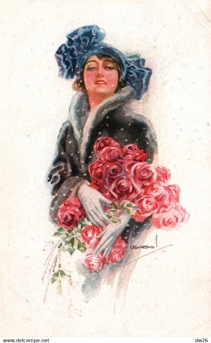Illustration Luis Usabal - Portrait De Femme Et Bouquet De Roses - Carte Erkal N° 309/3 - Usabal