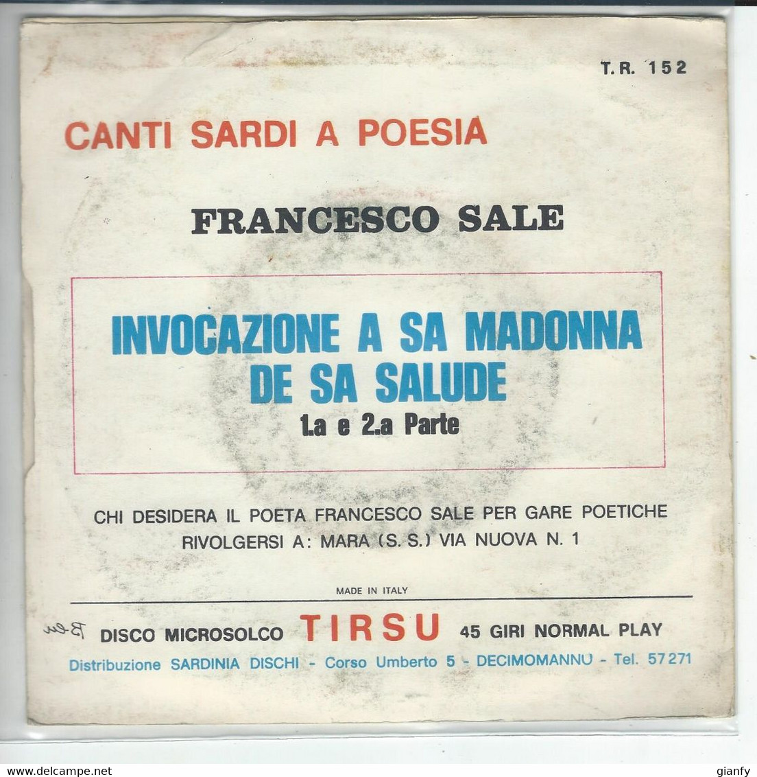 VINILE 45 GIRI 7" FRANCESCO SALE INVOCAZIONE A MADONNA DE SA SALUDE #TIRSU TR152 - Country & Folk