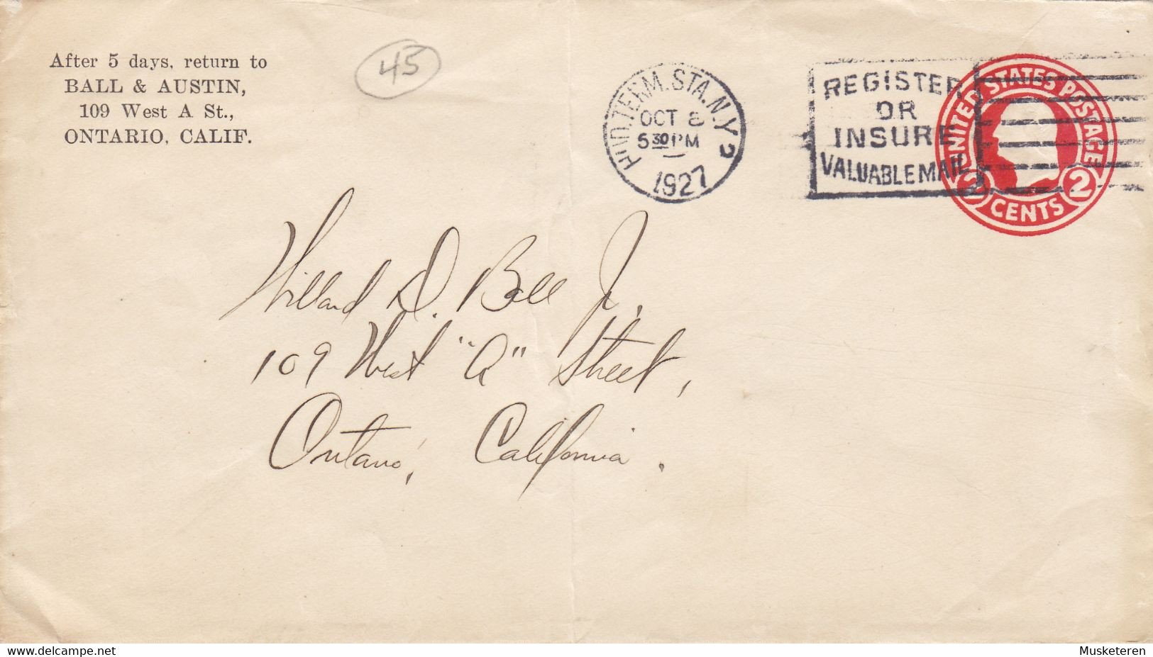 United States Postal Stationery Ganzsache Entier PRIVATE Print BALL & AUSTIN, Ontario Calif. HUDSON TERM. STA. N.Y. 1927 - 1921-40