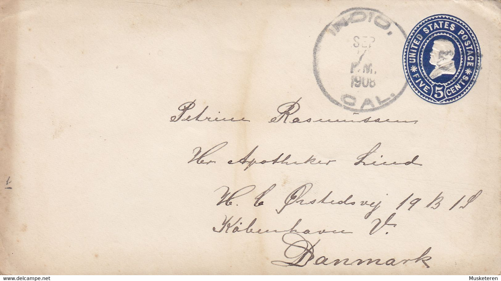 United States Postal Stationery Ganzsache Entier 5c. Grant INDIO California 1908 TMS. Cds. KØBENHAVN *V.* (Arr.) Denmark - 1901-20