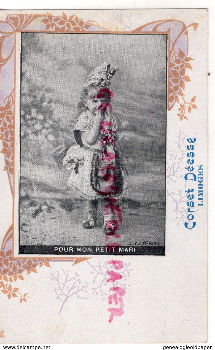 87- LIMOGES- CHROMO CARTE LINGERIE CORSET DEESSE - 26 AVENUE BAUDIN- ENFANT - POUR MON PETIT MARI-CONFECTION MODE - Textile & Clothing