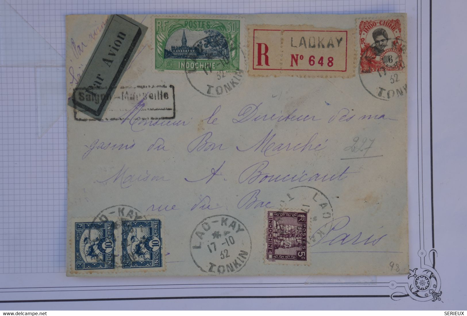 AU1 INDOCHINE  BELLE LETTRE RECOM. 1932  PETIT BUREAU LAOKAY POUR  PARIS  FRANCE + SAIGON MARSEILLE + AFF. PLAISANT - Lettres & Documents