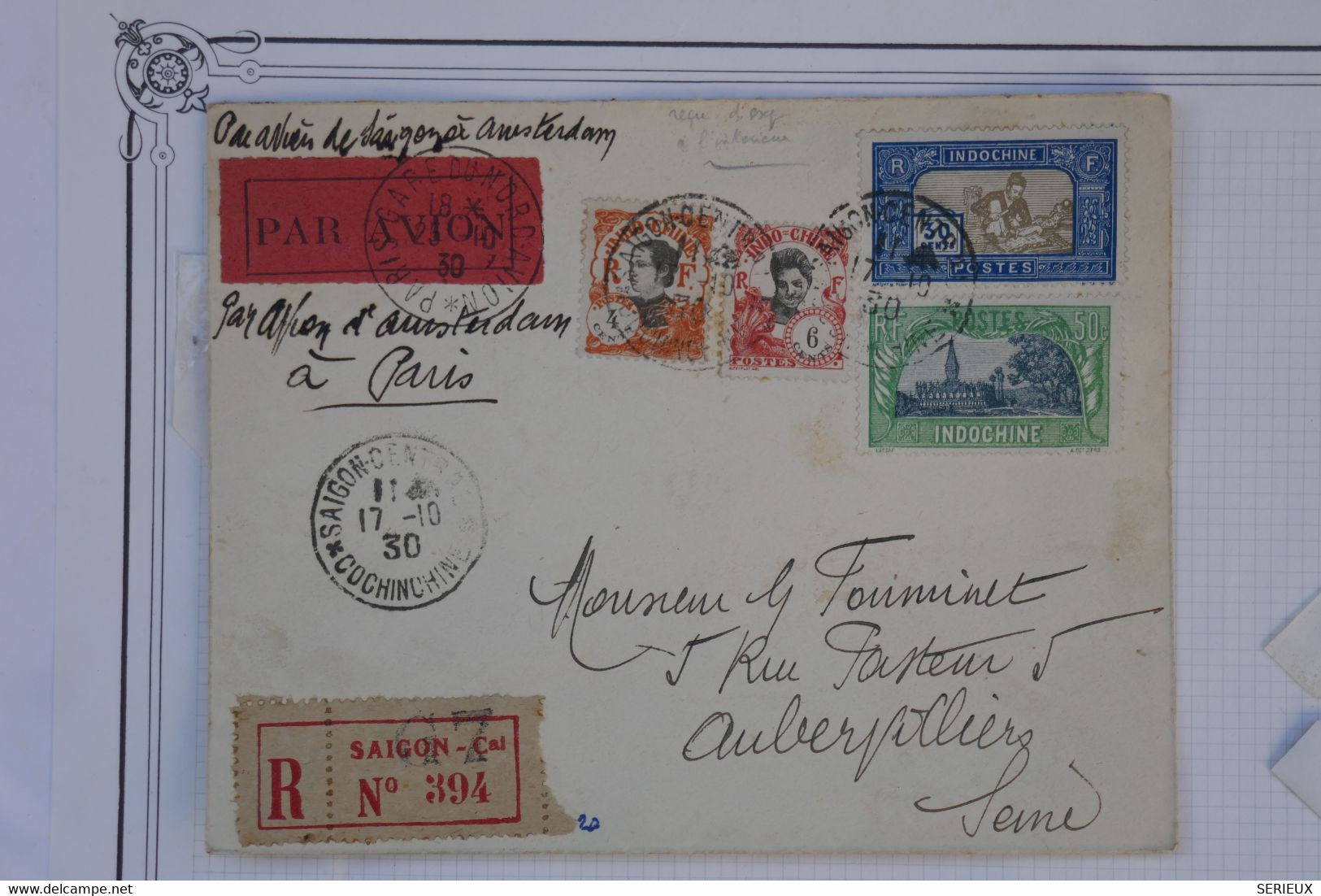 AU1 INDOCHINE BELLE LETTRE RARE 1931 SAIGON POUR  FRANCE +REçU ENREG. EXPEDITION++ DOUBLE MENTION + AFFRANC.INTERESSANT - Briefe U. Dokumente