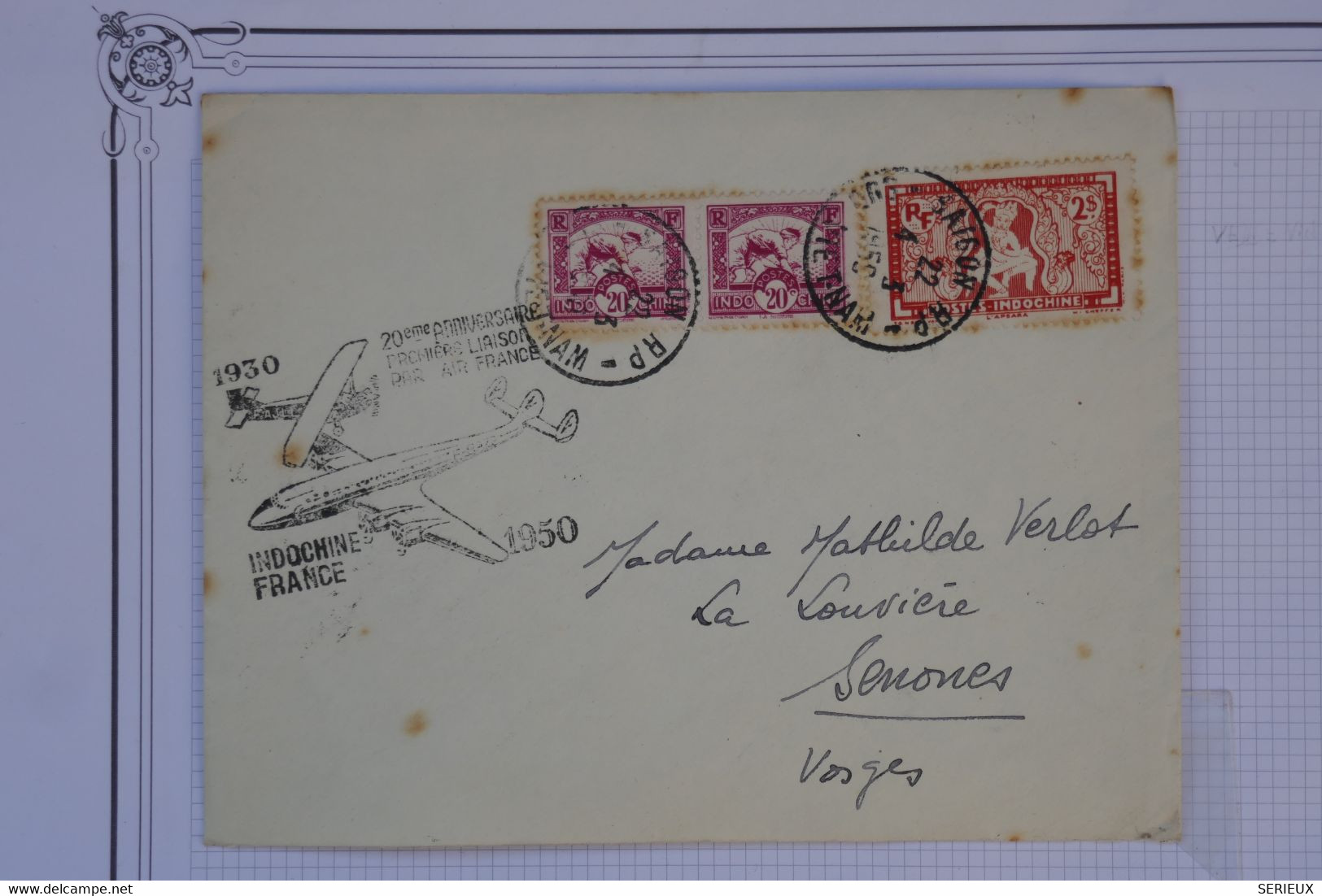 AU1 INDOCHINE BELLE LETTRE 1950  SAIGON POUR  SENONES FRANCE +CACHET  AIR FRANCE+ AFFRANC.INTERESSANT - Cartas & Documentos