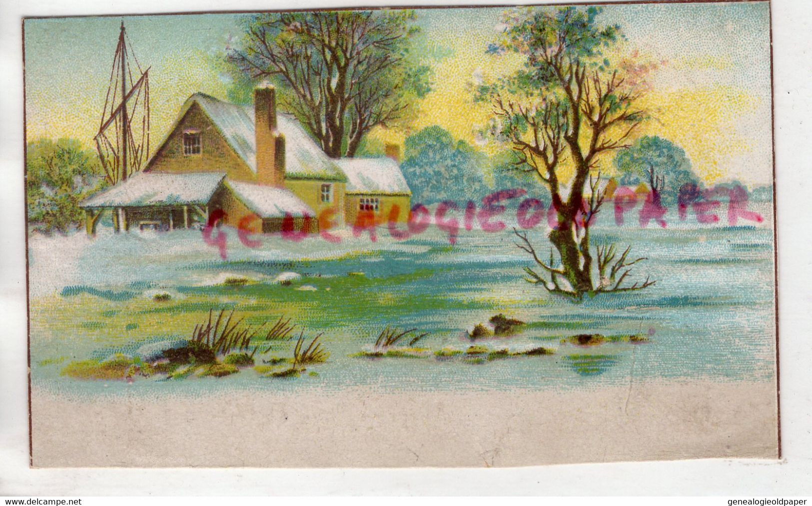 87- LIMOGES- CARTE CHROMO MAGASIN LINGERIE I. VANDAIS-33 RUE CLOCHER-BONNETERIE - FERME PAYSAGE DE NEIGE-CONFECTION - Textile & Vestimentaire