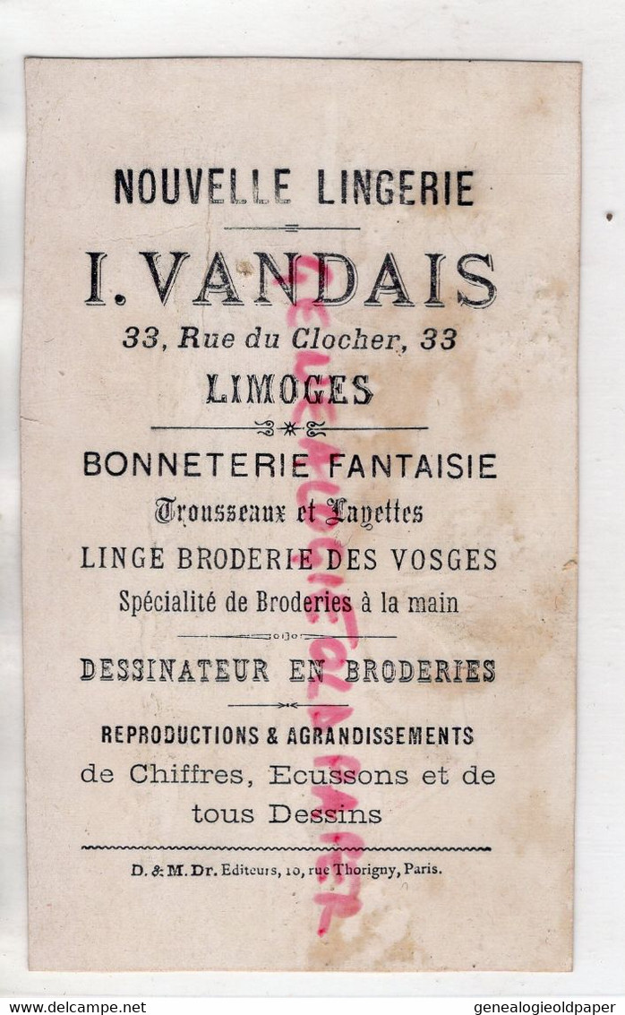 87- LIMOGES- CARTE CHROMO MAGASIN LINGERIE I. VANDAIS-33 RUE CLOCHER-BONNETERIE - FERME PAYSAGE DE NEIGE-CONFECTION - Textile & Vestimentaire