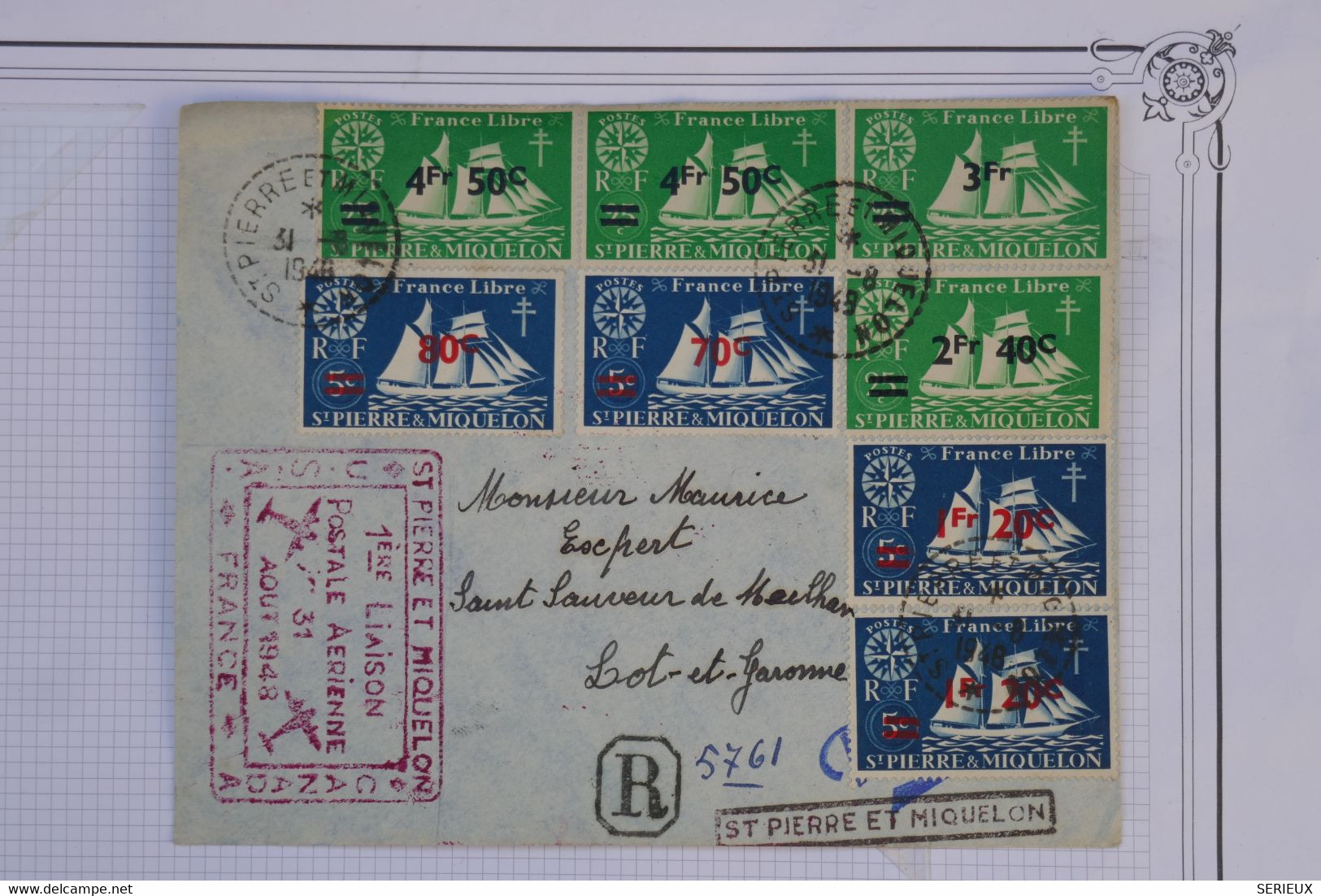 AU1 ST PIERRE MIQUELON  BELLE  CARTE RECO.1948 1ER VOL +SURCHARGES++A VOIR + AFFRANC. INTERESSANT - Briefe U. Dokumente