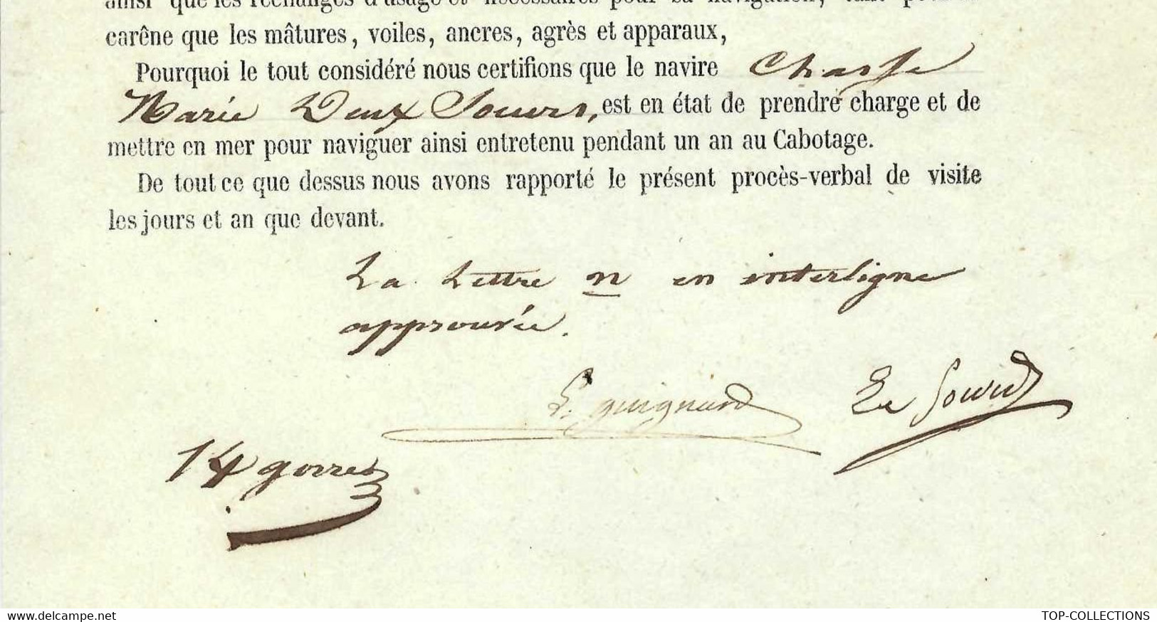 1852  BON POUR NAVIGUER EXPERTISE NAVIGATION  NAVIRE CHASSE MAREE LES DEUX SŒURS LE CROISIC  CAPITAINE NONFORT - Historical Documents