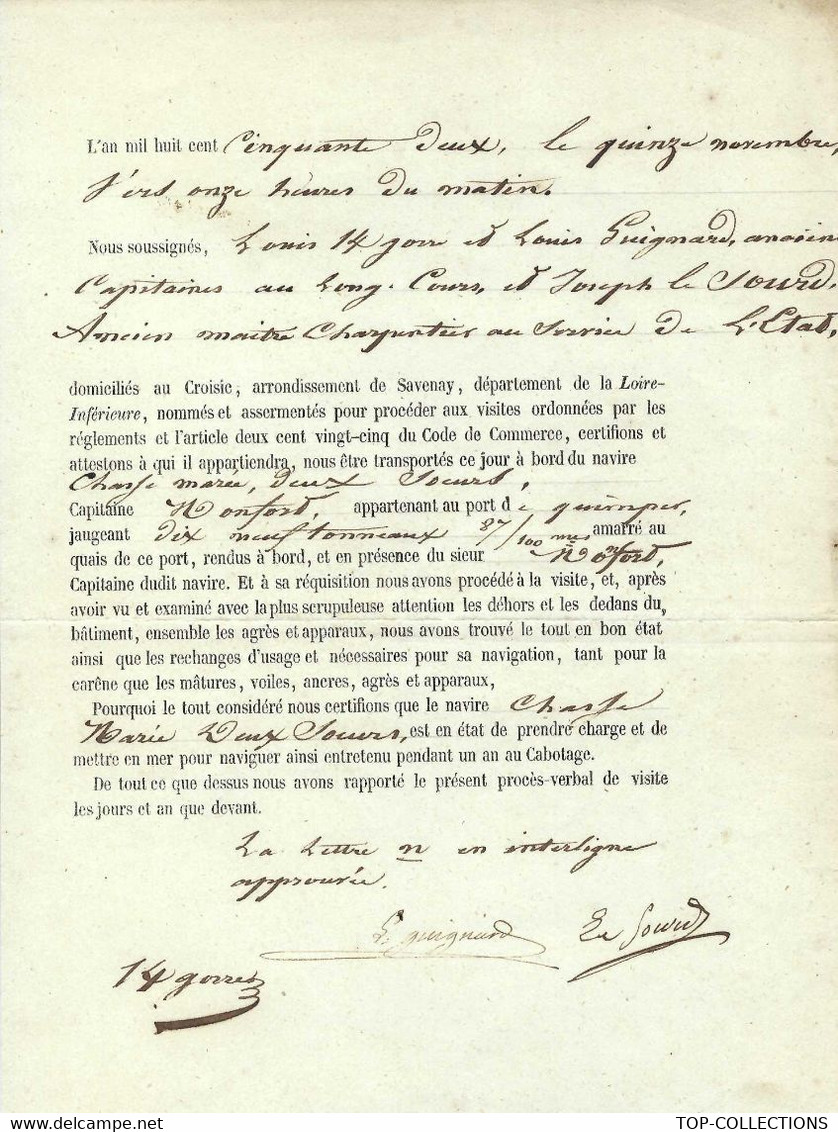 1852  BON POUR NAVIGUER EXPERTISE NAVIGATION  NAVIRE CHASSE MAREE LES DEUX SŒURS LE CROISIC  CAPITAINE NONFORT - Historical Documents