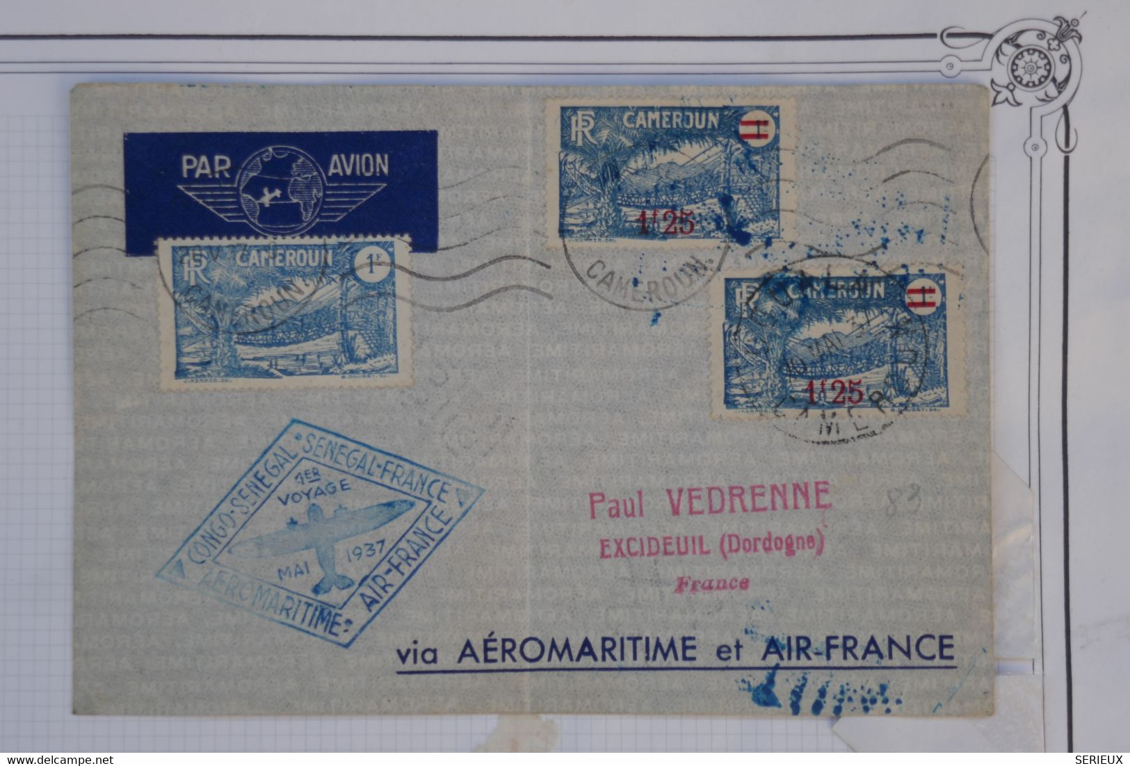 AU1 CAMEROUN  BELLE  LETTRE  1937  PREMIER VOL +DAKAR POUR EXCIDEUIL +SURCHARGES +AIR FRANCE +A VOIR + AFFRANC. PLAISANT - Lettres & Documents